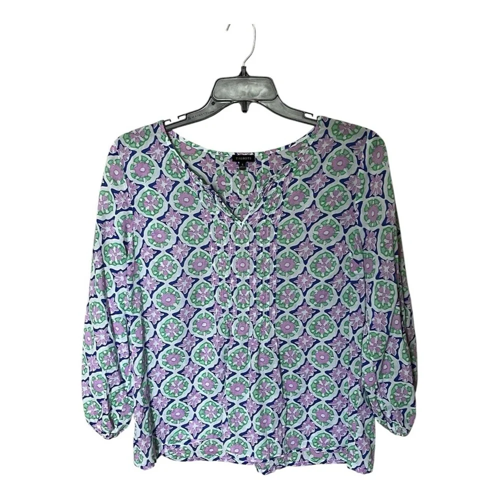 Talbots Cotton Purple/Green Floral Split Neck Pin-Tuck Top Shirt Blouse Size L